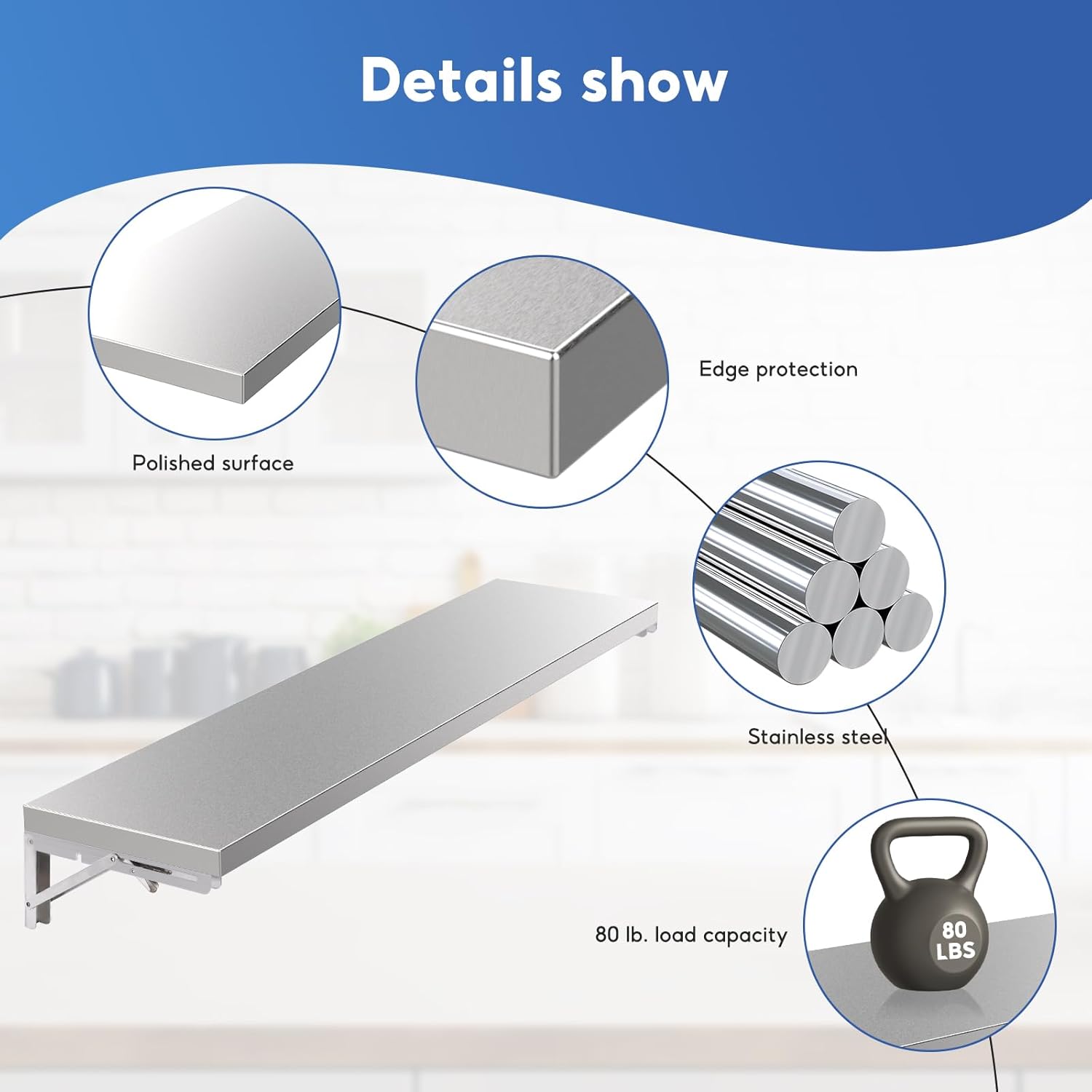 Concession Shelf 47.2" L x 12" W, Folding Concession Shelf for Food Truck, Stainless Steel Drop Down Folding Serving Food Shelf Stand for Concession Windows