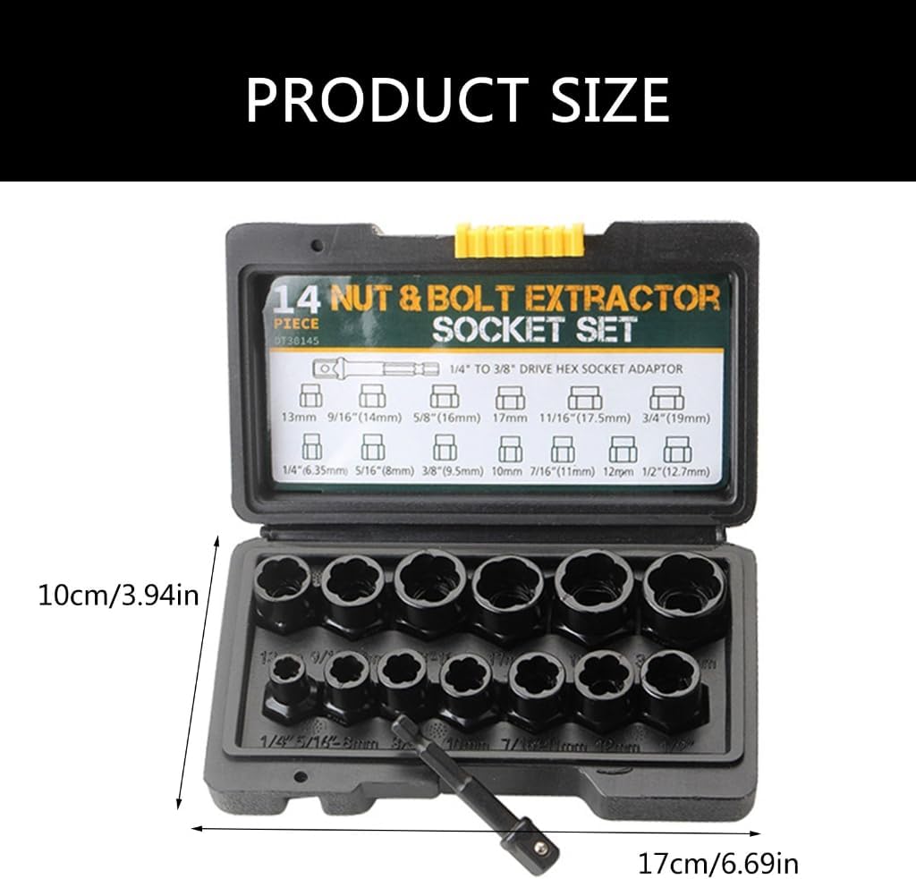 14Pcs/set Bolts & Nut Remover Set Steel Bolts Extractor Tool with Solid Storage Case Damaged Remover Extractor Socket To