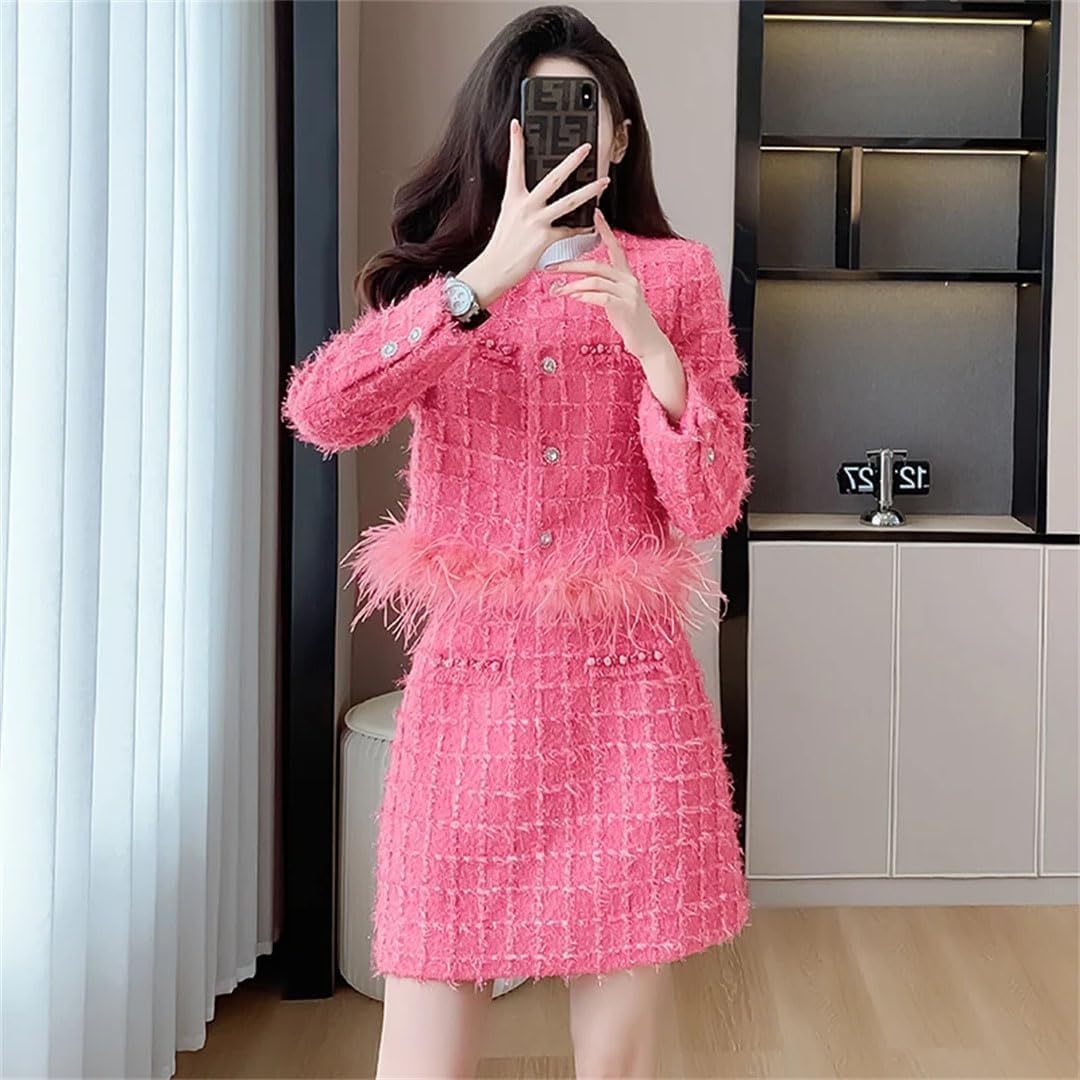 Women Winter Bright Silk Tweed Set Feathers Fringe Jacket Tops and High Waist A-Line Skirts Korean Office Skirt Suits