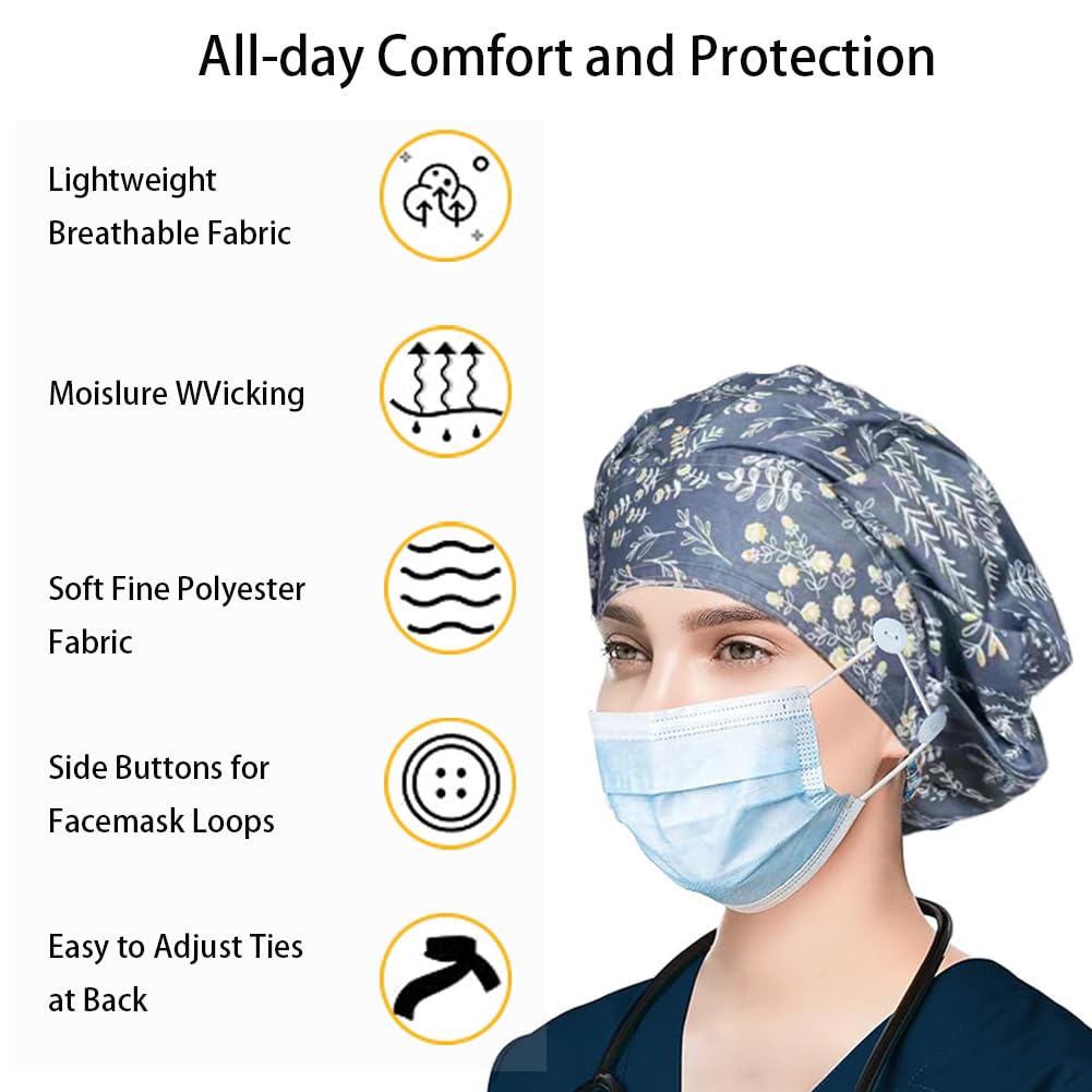 6PCS Verstellbar Op Hauben Damen, Op Haube Stoff mit Satinfutter, Satin Haarhaube mit Knopf, Arbeitskappe Mit Schweißbandkapuzen, Staubhauben Kappe, Kochmütze, Unisex Baumwolldruck Chirurgische