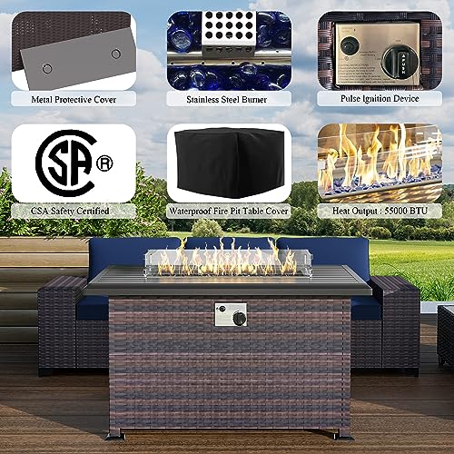 Image of 13 PCS Outdoor Patio Furniture Set,Outdoor Sectional Furniture with 43 inch 55000 BTU Gas Propane Fire Pit Table,All Weather PE Rattan Wicker Patio Conversation Set,Navy Blue