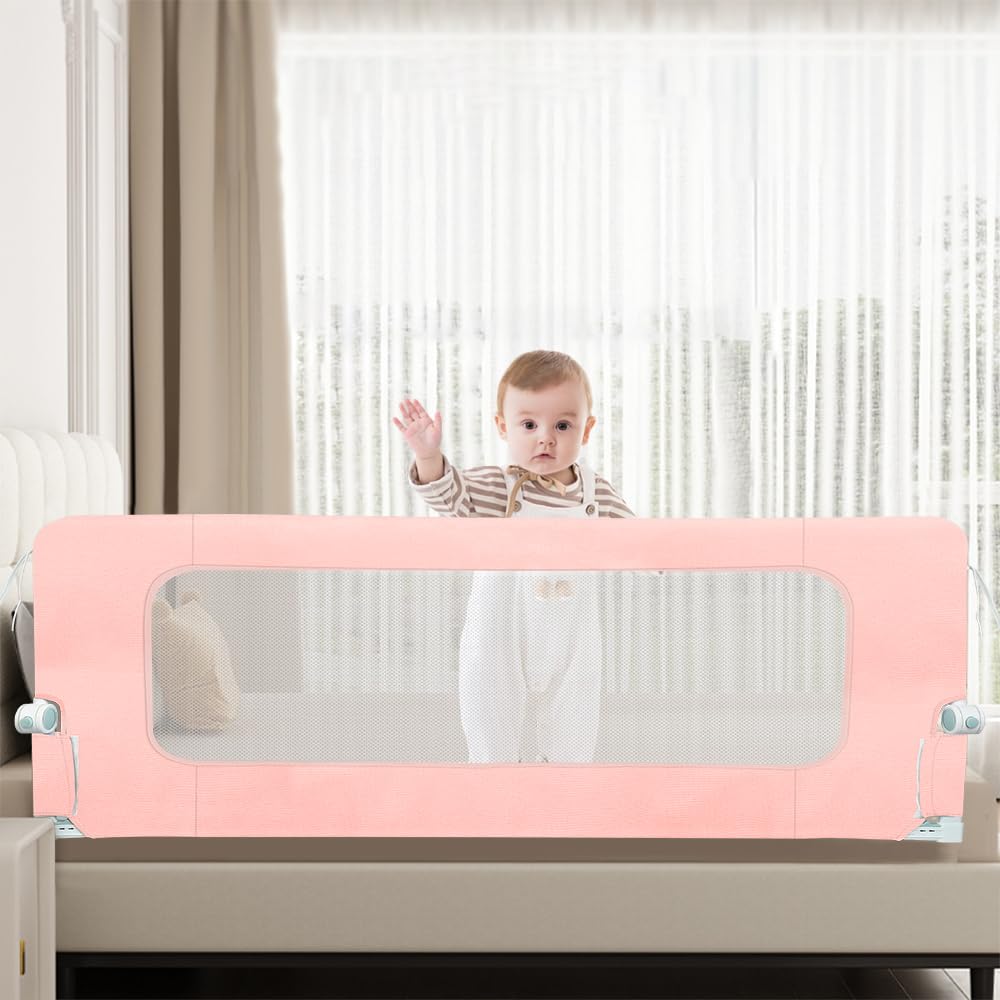 Barrière de Lit Bébé 200×73-86cm Réglable Hauteur Anti-Chute Rose
