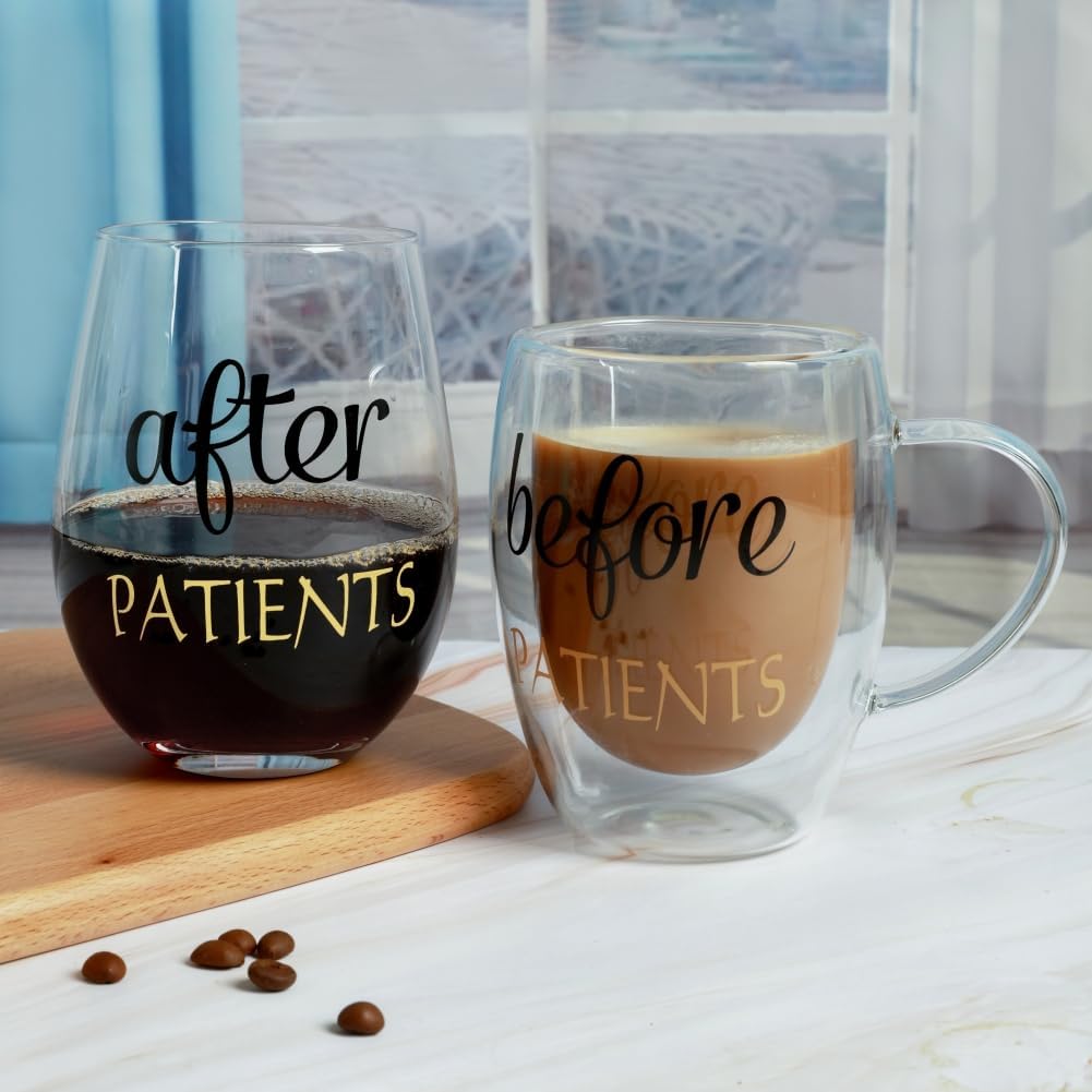 PUGED Before Patients After Patients Gift Package Set 11 oz Coffee Mug and 18 oz Stemless Wine Glass for Dentist Unique Nurses Day Graduation Gifts (Blue-glass)