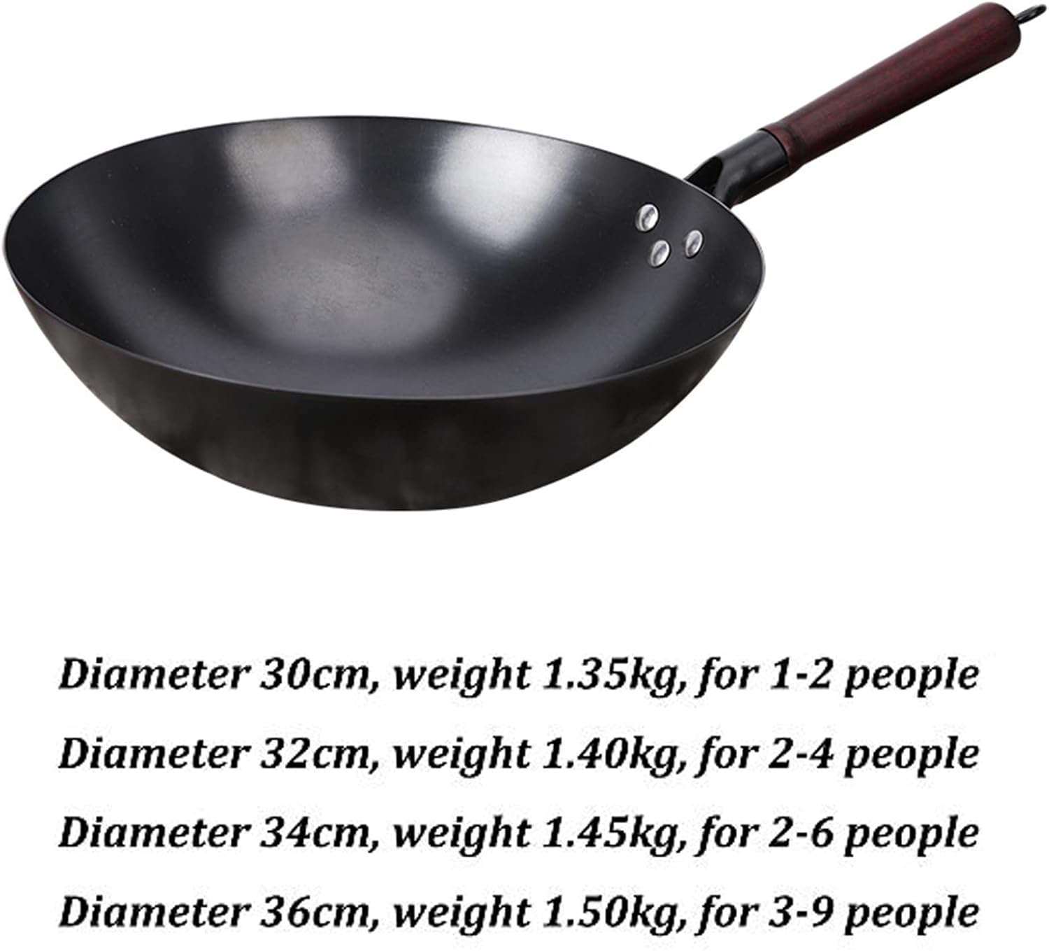 中国製 手打ち鉄鍋 丸底 コーティングなし鋳鉄鍋&amp;炒め鍋 木製蓋付き コーティングなし 油少なめ ノンスティック鍋(32cm