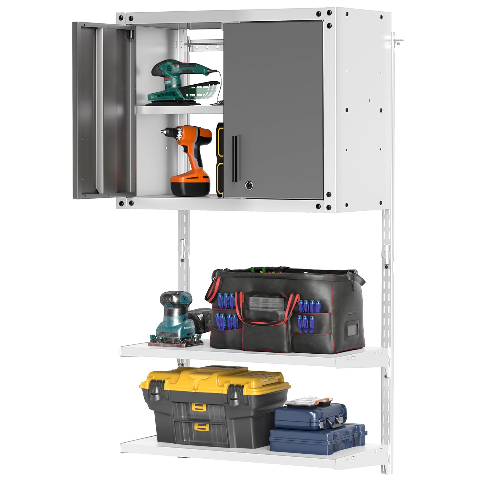 Goplus Garage Wall Cabinet, Metal Wall Mounted Tool Storage Chest with 3 Adjustable Shelves, Lockable Doors, Keys, Hanging Tool Cabinet for Workshop, Basement, Kitchen