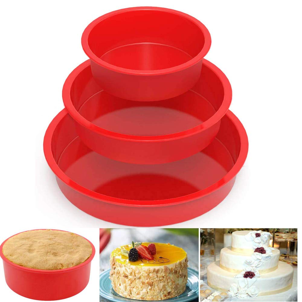 Round cake pan 3-piece set for baking, non-stick and quick release silicone mold for layered cake, cheese cake, rainbow cake and chiffon cake-4 inches, 6 inches, 8 inches