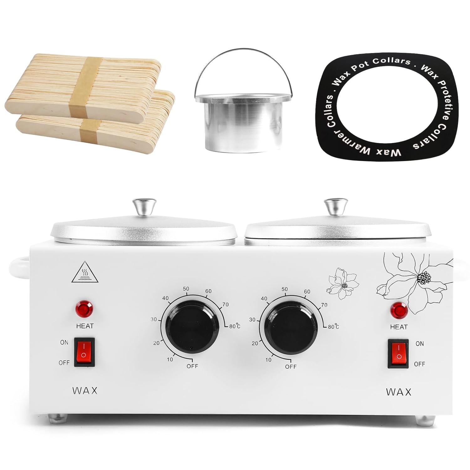 1.2L Double Pot Wax Warmer, Electric Depilatory Heater Machine with Adjustable Temperature for Hair Removal & Facial Spa, Includes 40 Wax Sticks & 20 Collars