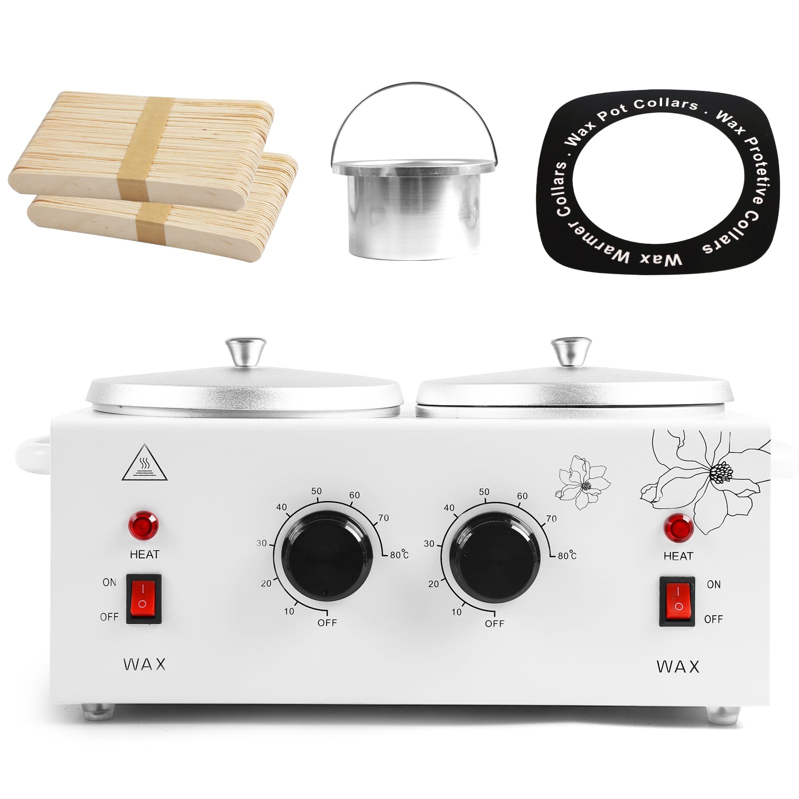 1.2L Double Pot Wachswärmer Elektrische Enthaarungsmaschine mit Einstellbarer Temperatur für Haarentfernung & Gesichtsspa, Inklusive 40 Wachsstäbchen & 20 Halsbänder