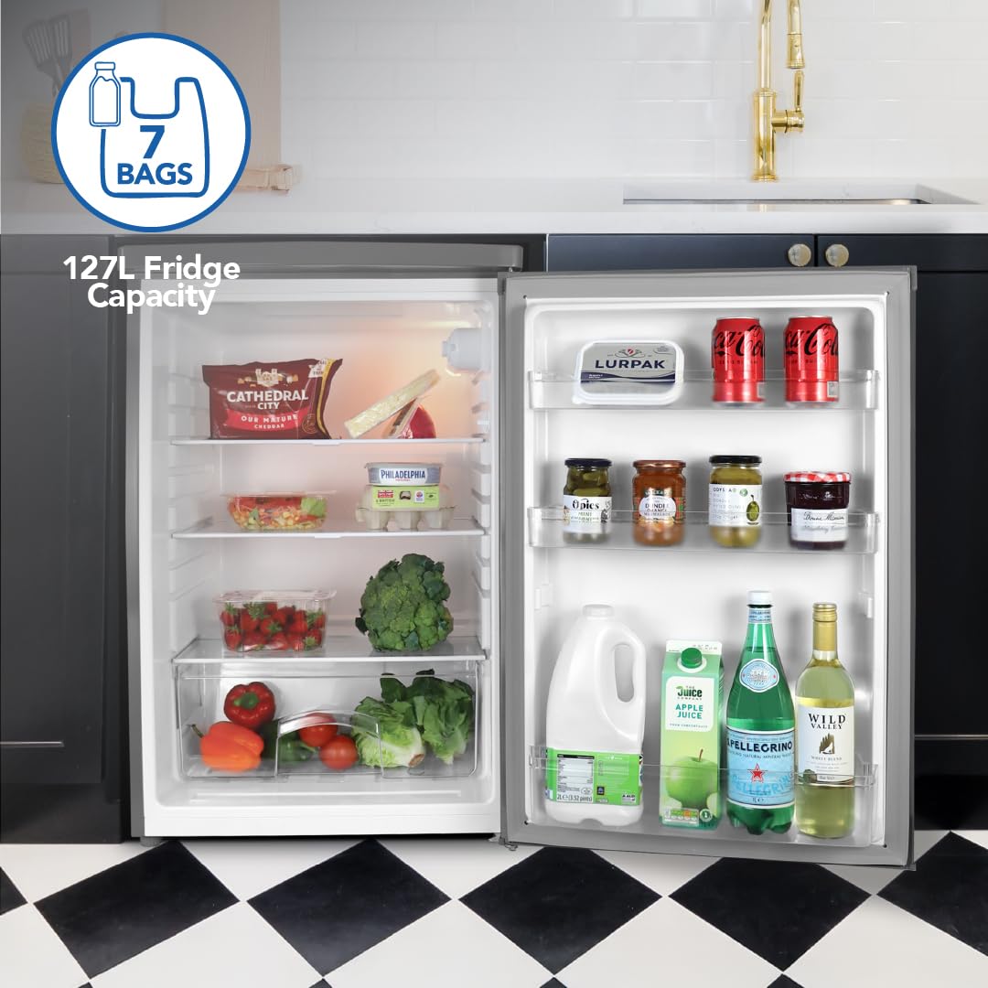 Igenix IG255X Freestanding Under Counter Larder Fridge with 2 Adjustable Glass Shelves, 1 Salad Drawer with Shelf On Top, Reversible Door, 127 Litre Capacity, 55 cm Wide, Inox — view 4