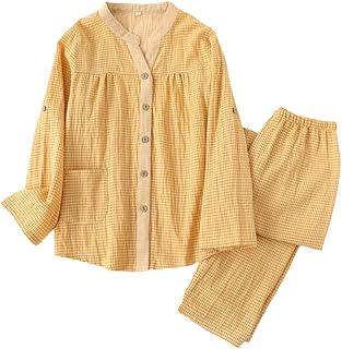 [TDIOSN] パジャマ レディース ルームウェア 上下セット ガーゼ 綿100% 長袖 前開き 柔らか 通気速乾 シンプル プレゼント 春夏秋