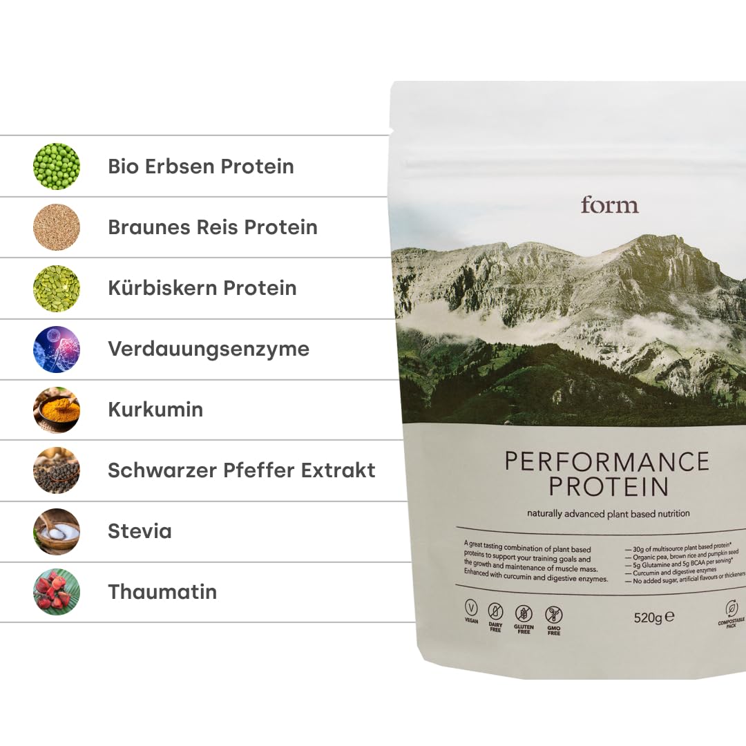 Form Performance Veganes Proteinpulver, Komplettes Aminosäurenprofil mit BCAAs und Verdauungsenzymen, Perfektes Post-Workout, Schmeckt hervorragend mit Wasser, 520 Gramm (Schoko-Haselnuss)