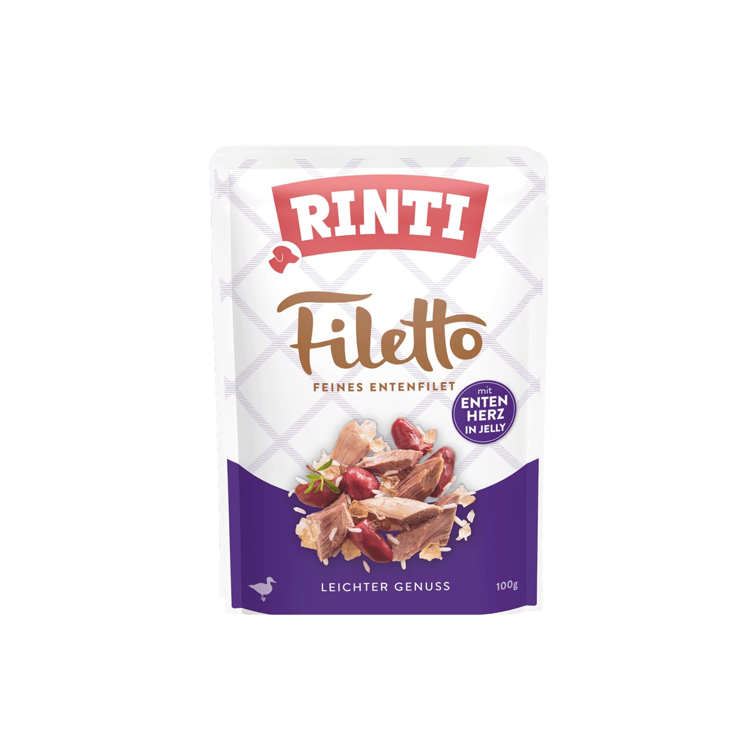 RINTI - Filetto | Leicht verdauliches Nassfutter für ausgewachsene Hunde. Ergänzungsfutter in Jelly im Frischebeutel ohne Farb- und Konservierungsstoffe | 24x100g Ente + Entenherz