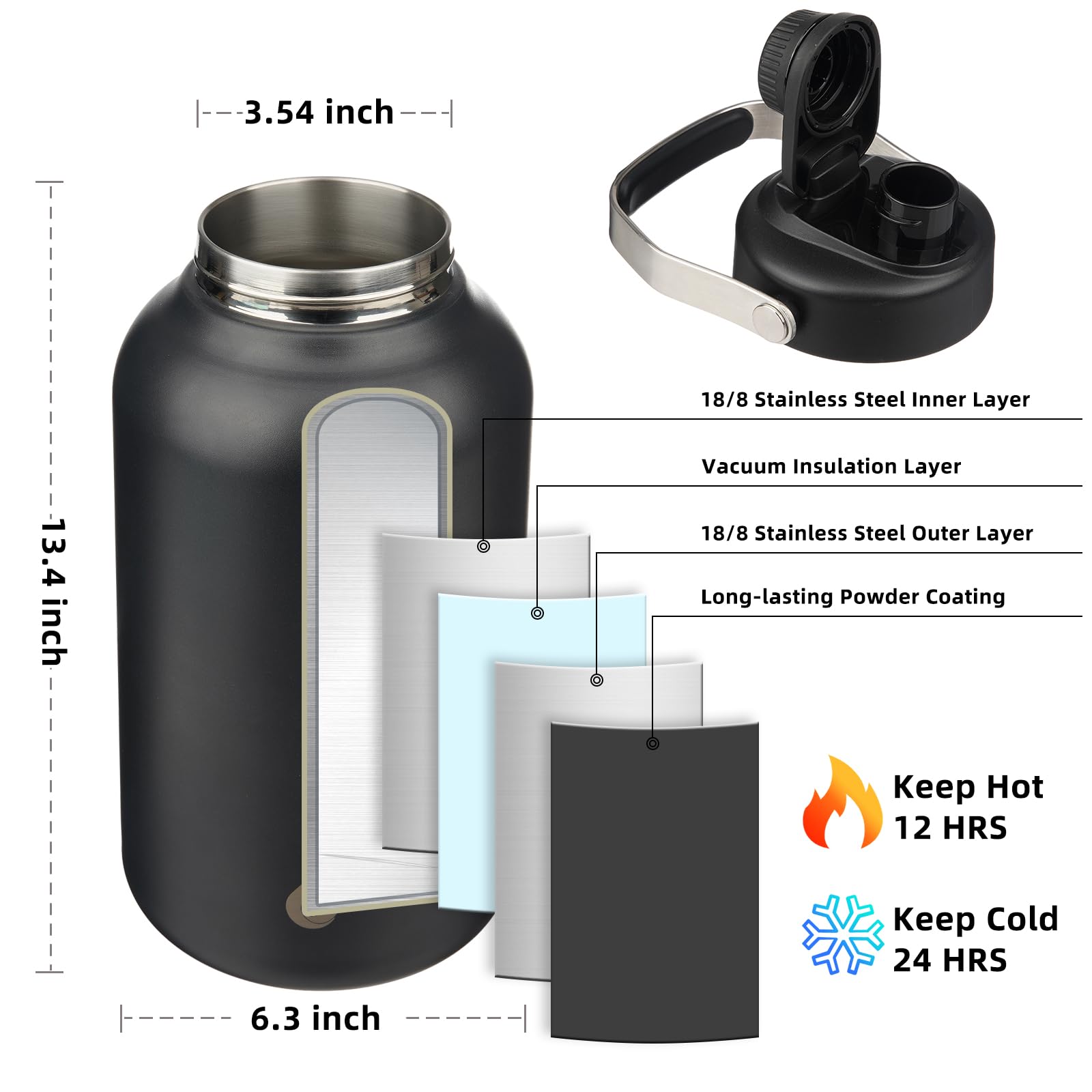 BJPKPK Isolierte Wasserflasche mit Metallgriff und BPA-freiem Auslaufdeckel, spülmaschinenfest, 3800 ml großer Wasserkrug mit Metallgriff und BPA-freiem Auslaufdeckel, Edelstahl-Wasserflasche für