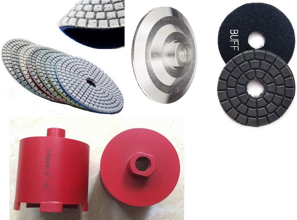 Diamond 3 1/2" core bit hollow extractor sink hole cut 5" Polishing Pad Wet/Dry 18+1 Backer Pad 2 Pieces Final Glaze Buff = 20+1 Pieces for granite renew travertine repair concrete marble polish