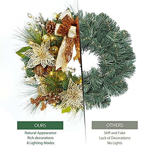 24" Prelit Christmas Wreath with Lights, Battery Operated Xmas Garland with Decorations, Wreath for Front Door Porch Wall Window Fireplace Outdoor Home Holiday Accent