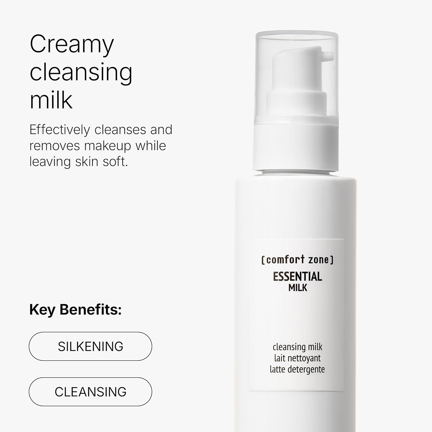 [ comfort zone ] Essential Cleansing Milk, Creamy Silkening Face Wash, Gentle Makeup Remover, Nourishing Daily Cleanser, Dry Skin & All Skin Types, Natural Ingredients, Made in Italy, 6.76 Fl Oz