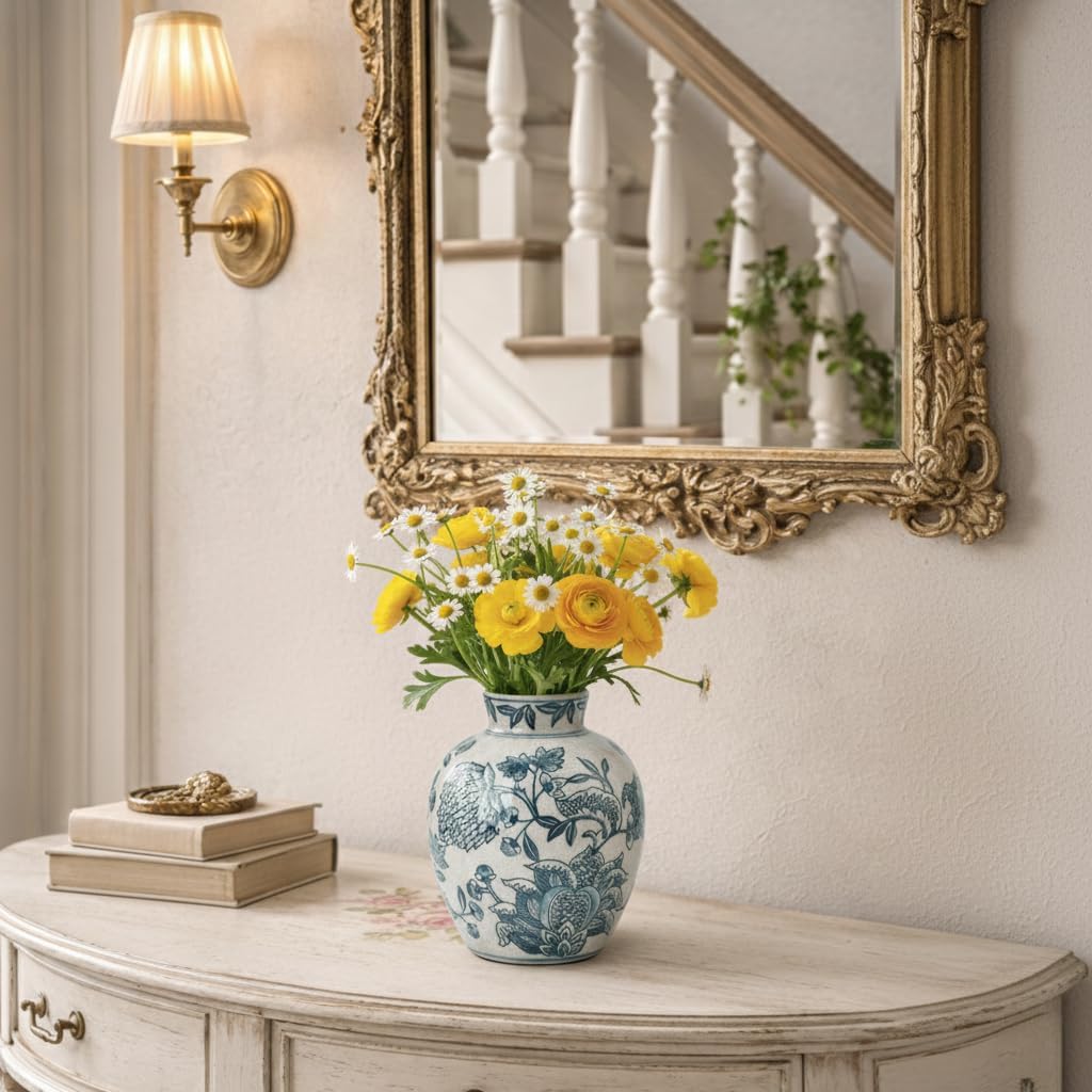 SIDUCAL Ceramic Chinoiserie Floral Vase | 6.3 Inch Blue and White Vintage | Retro Ice Cracked Blue and White Porcelain Vase for Table, Living Room, Bathroom Decoration, Shelf Decor, Mantel - Image 9