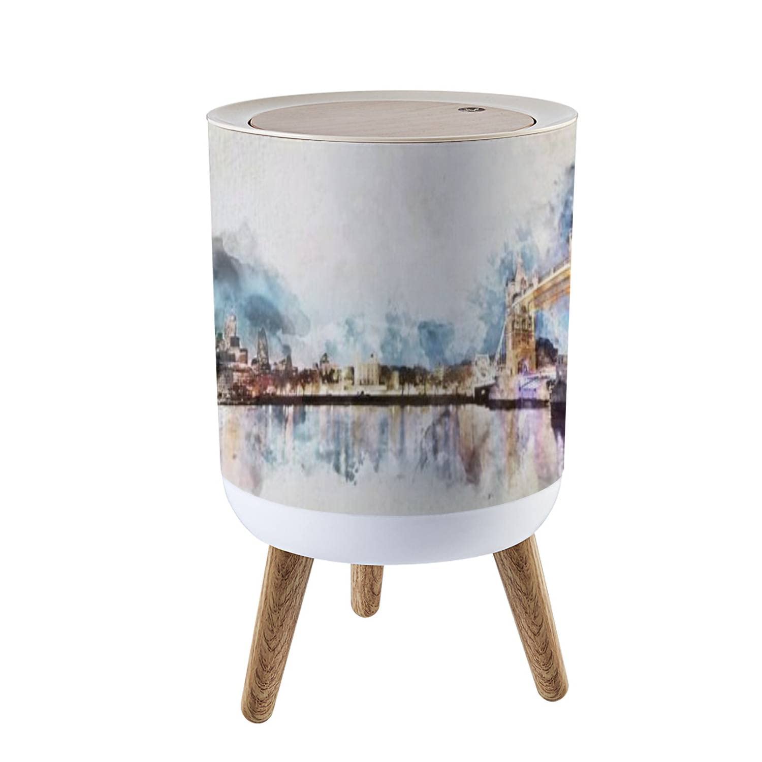 Small Trash Can with Lid Watercolor painting of London panorama with Tower Bridge Artistic Garbage Bin Wood Waste Bin Press Cover Round Wastebasket for Bathroom Bedroom Kitchen 7L/1.8 Gallon