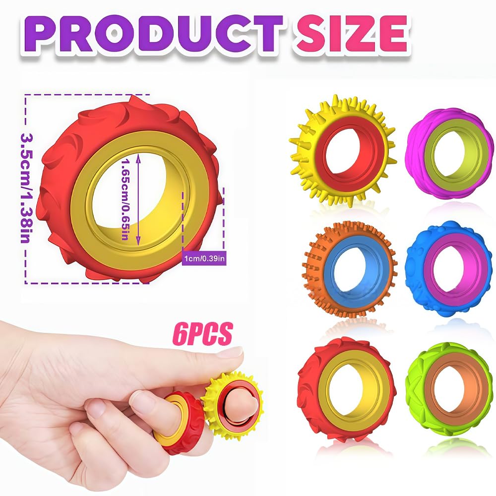 Rotating Fidget Sensory Rings, 6-Pack Quiet Textured Spinner Finger Toys for Kids & Adults - Image 2