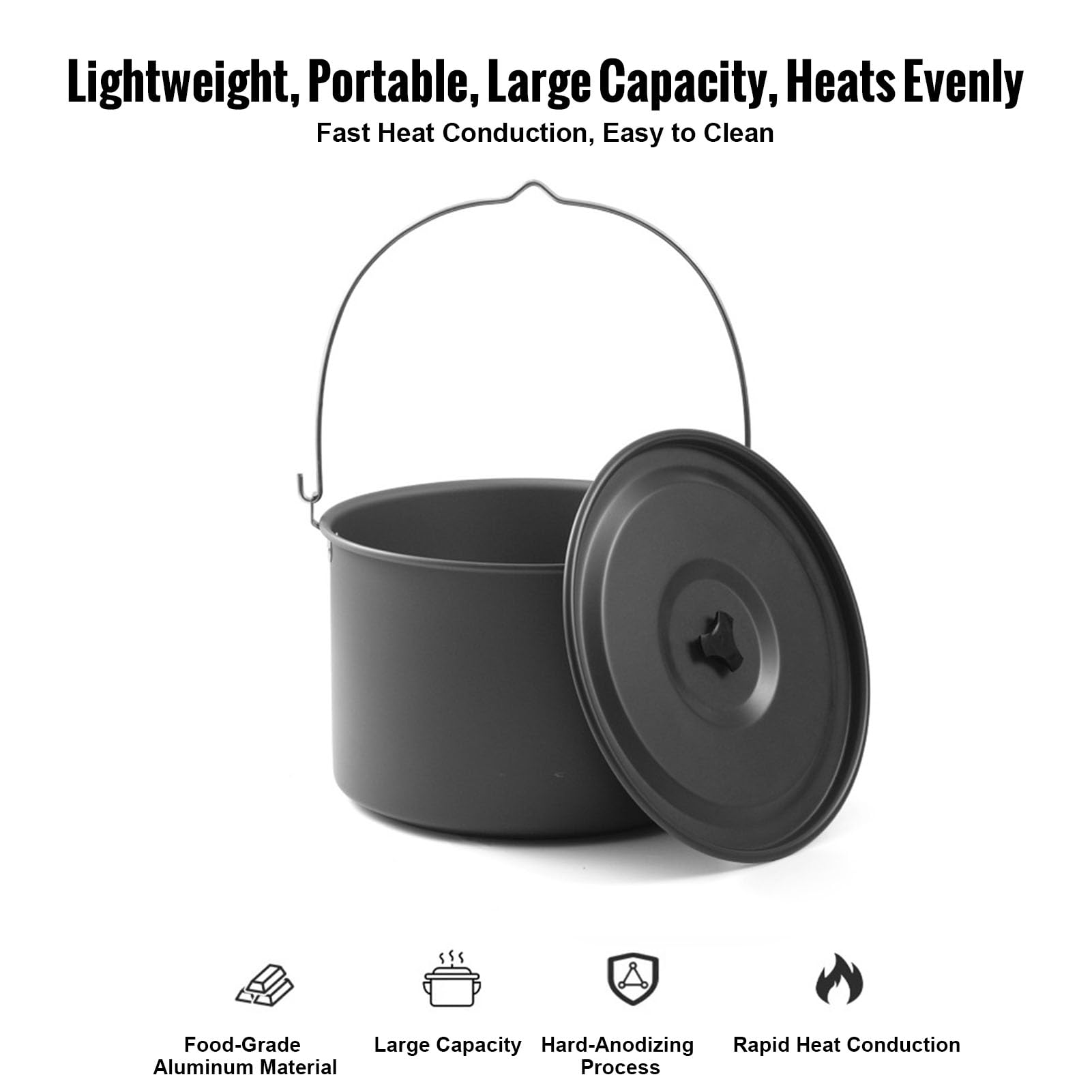 Olla Colgante para Acampar de Aleación de Aluminio con Mango Elevador de Tapa, Juego de Cocina para Olla Colgante Portátil Grande para Exteriores de 15 L para 8-10 Personas, para