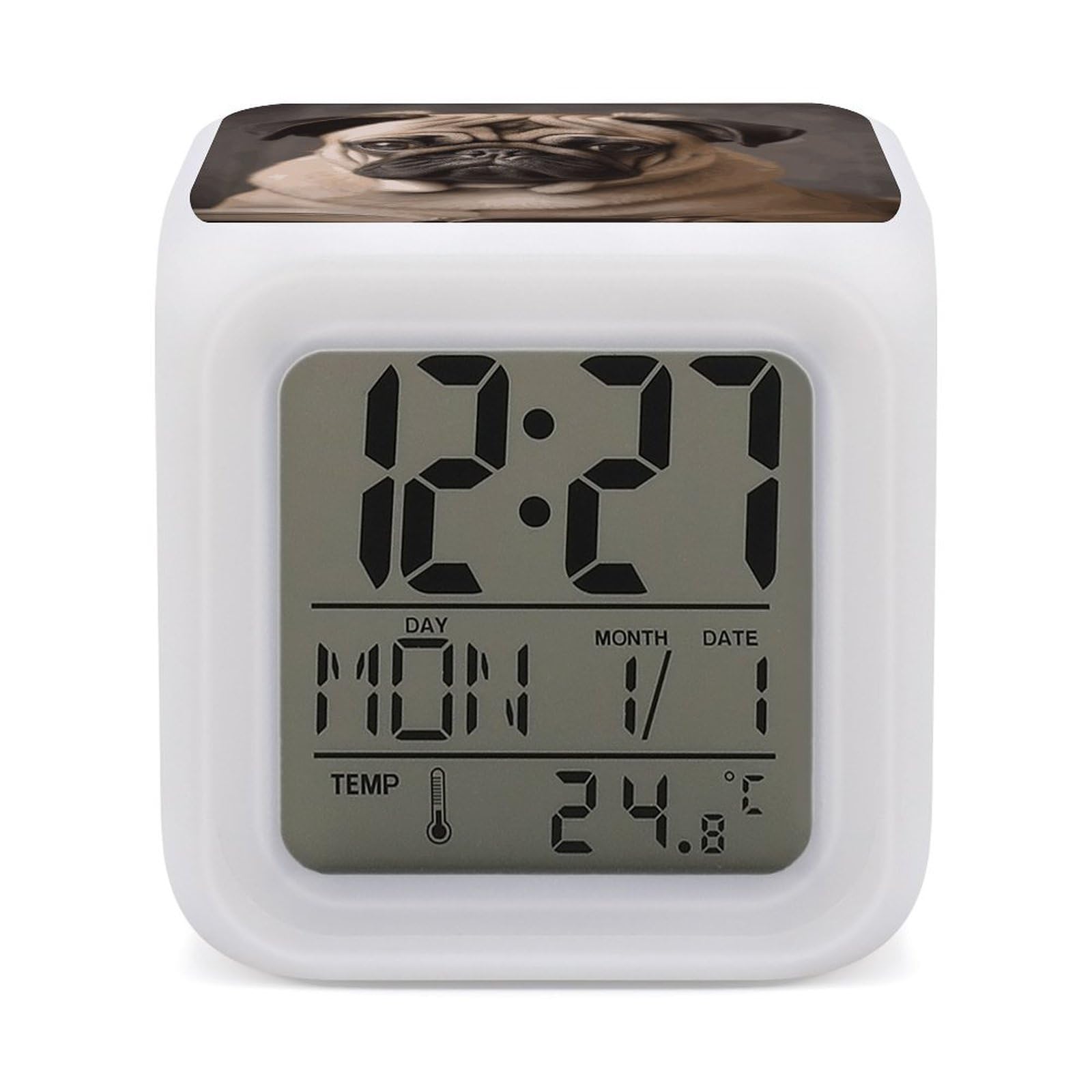 JTREHY Animal Pug Dog Alarm Clock Seven Color Night Light Digital Clock Precision Reliable Alarms Clocks for Bedroom Heavy Sleepers Adults Gift for Men and Women