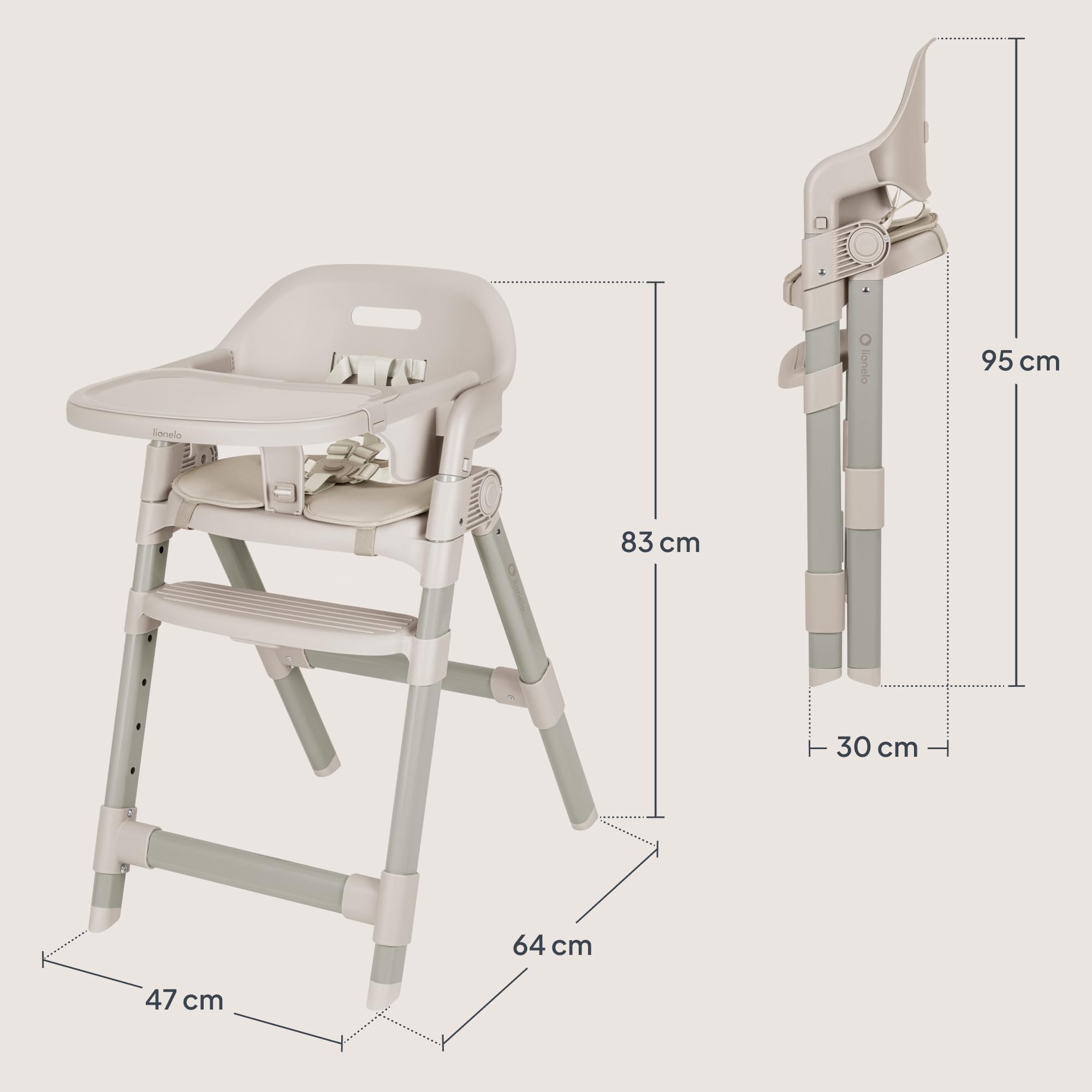 Lionelo Matt Chaise Haute Bébé 3 en 1, Pliable et Évolutive, Beige | Dès 6 Mois, Assise et Repose-Pieds Réglables, Plateau Lave-Vaisselle, Harnais 5 Points, Coussin Doux, Jusqu’à 110 kg