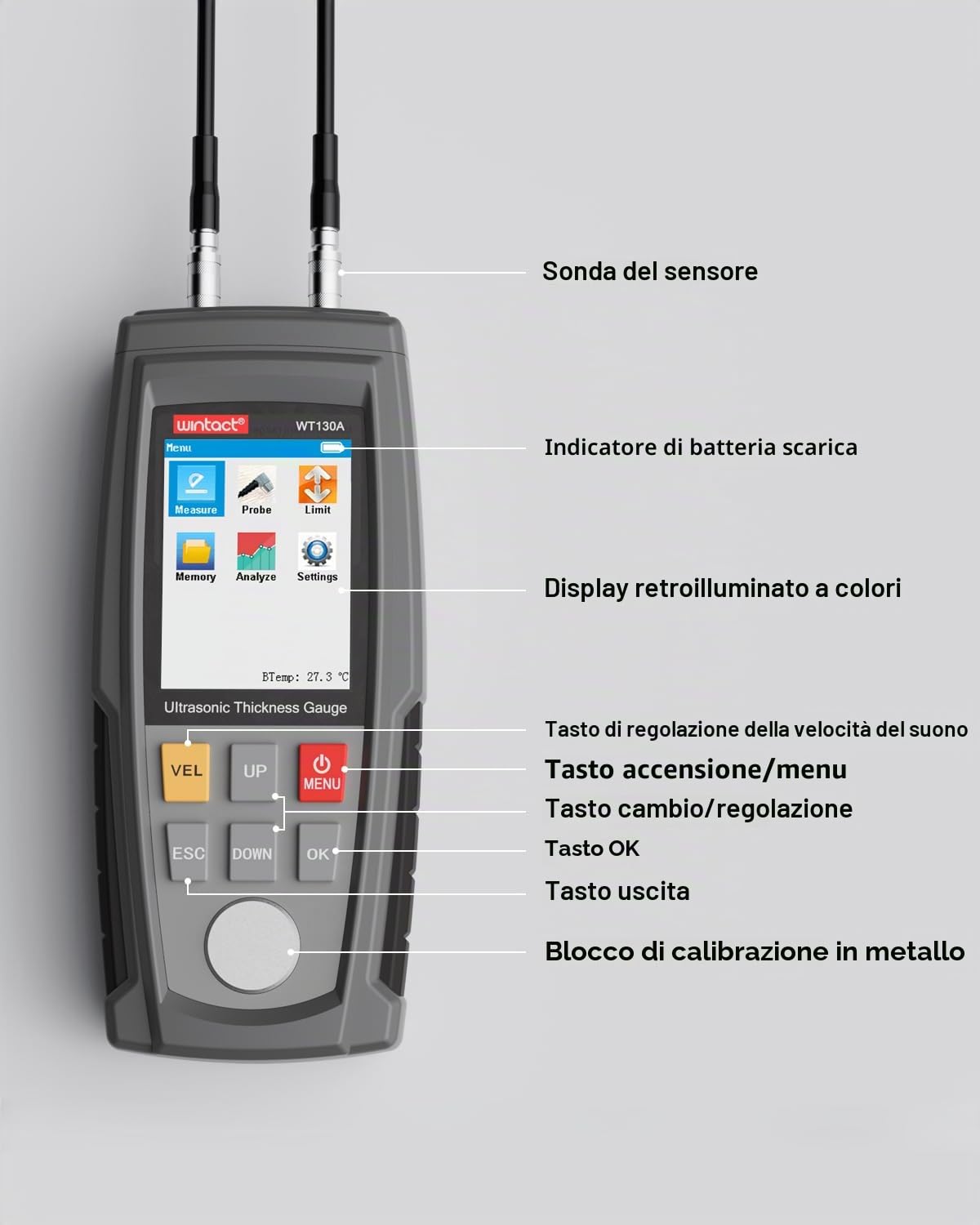 Wintact Spessimetro digitale a ultrasuoni, gamma da 0,039 a 30 cm, con sonda per misurare materiali metallici e non metallici, acciaio, argento, plastica, vetro, PVC, tubi