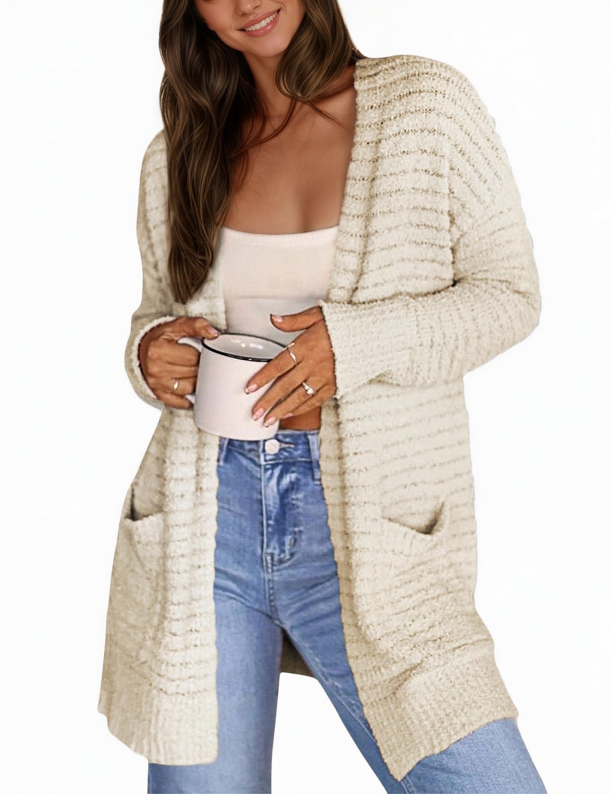 CiCiBird Women Long Cardigan Fuzzy Cardigan Sweater Open Front Knit Outwear Coat with Pocket