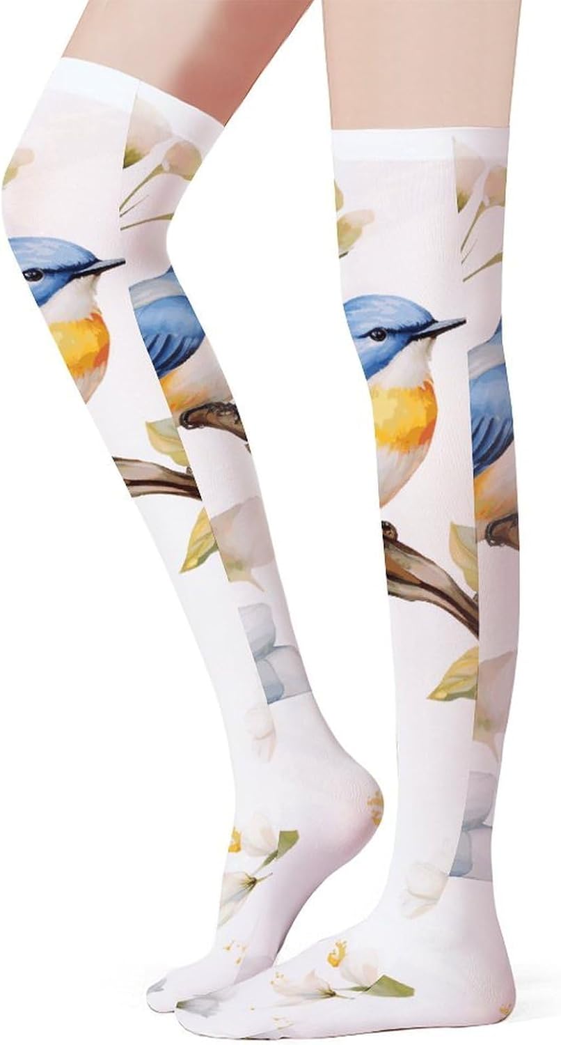 Watercolor Flowers And Birds Knee High Stockings for Women 23.6" Breathable Thigh High Stockings Over The Knee Socks