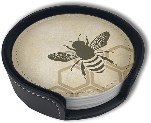 Juego de 6 posavasos de cuero de abeja vintage con soporte, adecuados para tipos de tazas