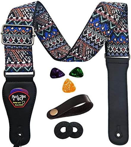 iDelta Guitar Strap Vintage Woven Style Adjustable Acoustic Electric Guitar Bass Strap with Leather Ends, Picks, Strap Bundle, Button