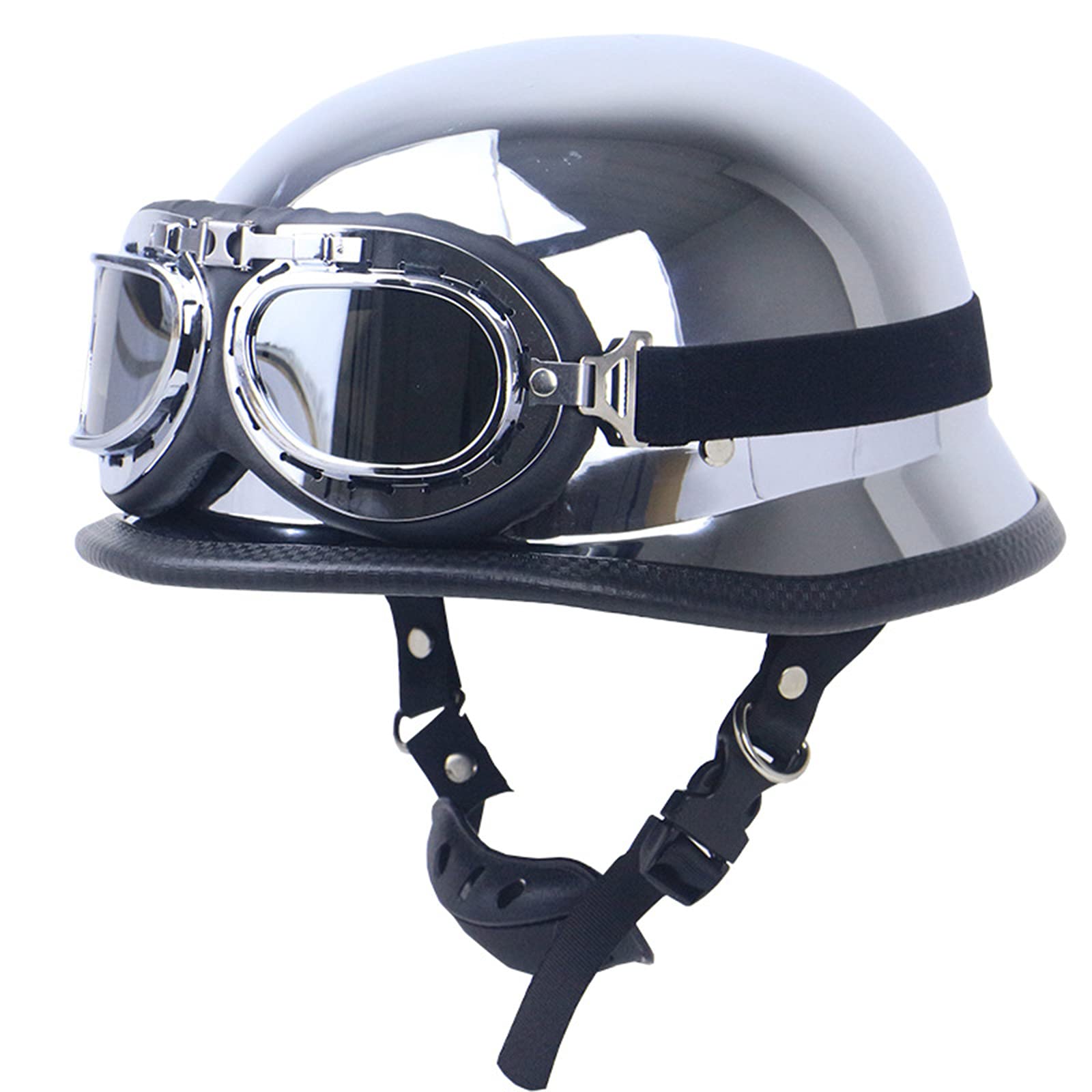 SDKUing Motorcycle Half face Helmet German Style Vintage Open Face Crusier Helmet Cap with Pilot Goggles DOT Approved Crash Retro Scooter Moped Helmets (Plated Silver)