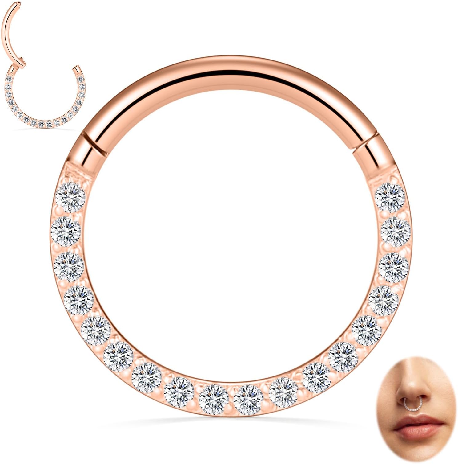 16G 18G 316L Stainless Steel CZ/OPAL Septum Piercing Septum Clicker Ring Hinged Nose Ring Daith Earrings Conch Piercing Jewelry Helix Cartilage Tragus Lobe Belly Hoop Earring