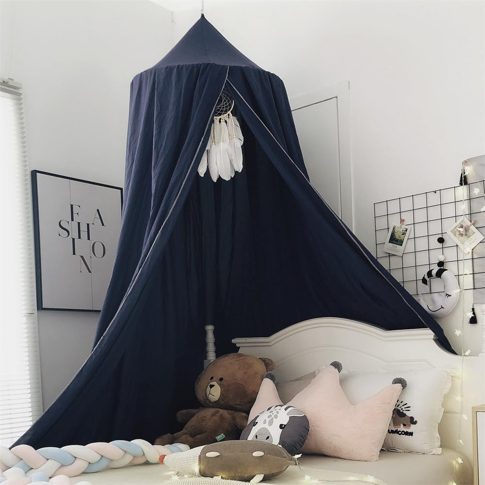 Surwin Bed Canopy for Children Navy Blue Kids Round Dome Bed Canopy Mosquito Net Protection Canopy Bedroom Nursery Decoration Hanging Curtain Net Reading Corner Princess Play Tent for Baby Girls - Image 4