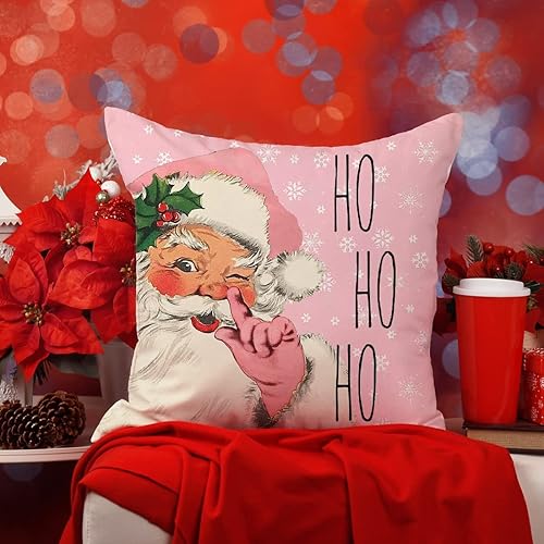 Miniatura 4 de K031 - Juego de 4 fundas de almohada rosas para decoración de Navidad, 16 x 16 pulgadas, diseño de copos de nieve, Papá Noel, muñeco de nieve,