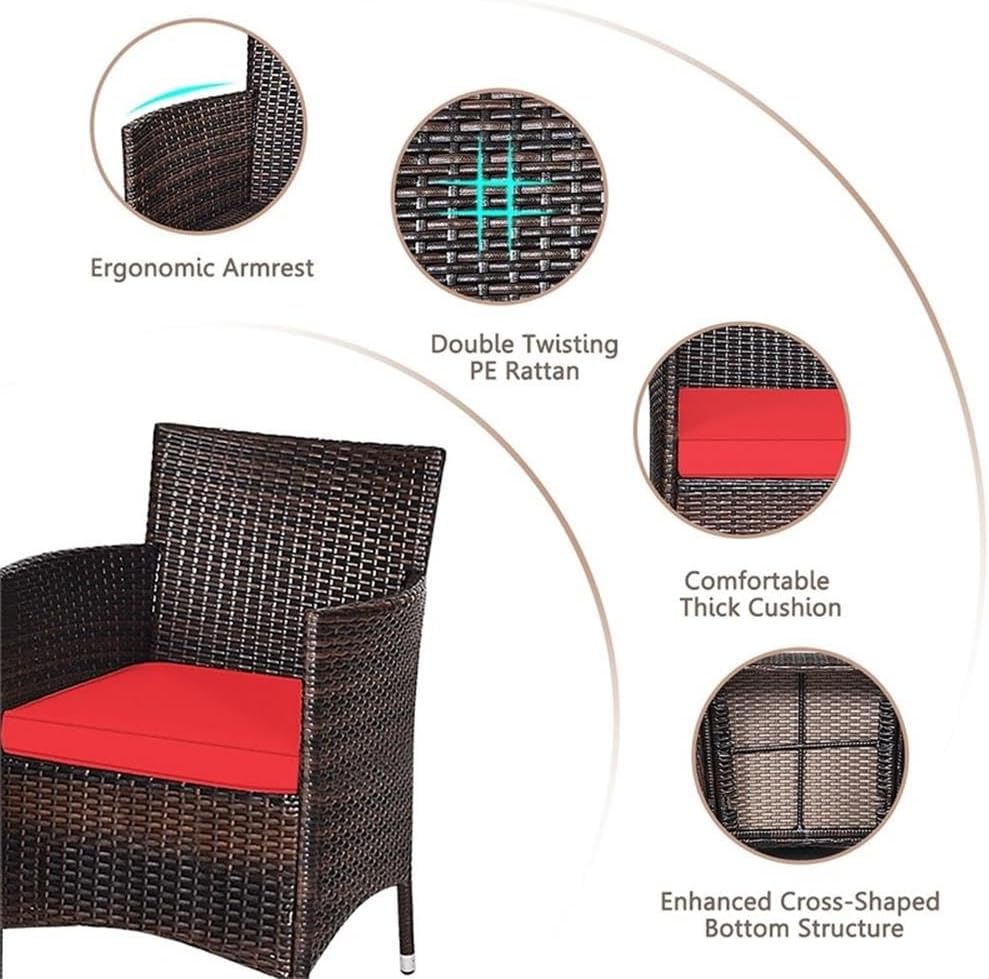 Pemberly Row 3-Piece Outdoor Furniture Set, Rattan Wicker, Red Cushions, Ergonomic Chairs with Glass-Topped Coffee Table, Weather-Resistant, Compact Design for Patio, Garden, Backyard, or Poolside