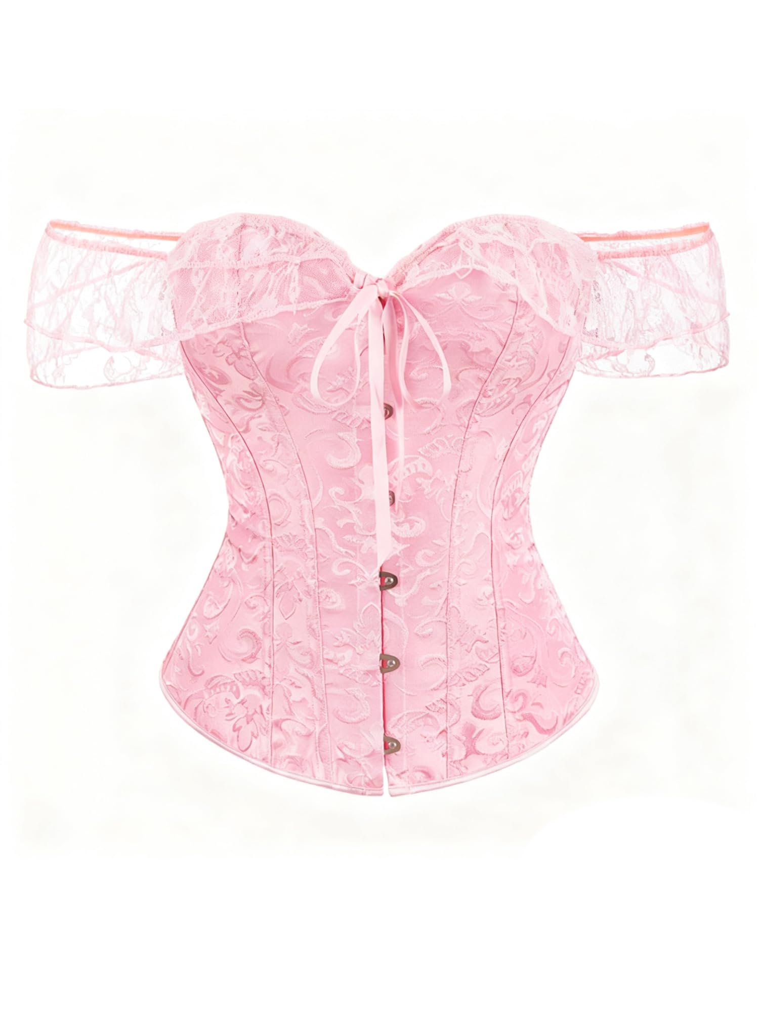 Felcia Women's Floral Lace Corset Stylish Off Shoulder Lace Up Boned Overbust Bustier Body Shaper Top Waist Trainer Costume (A-Pink, M)