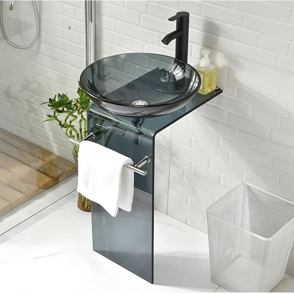 CSXSXAUO Tempered Glass Vessel Sink with Faucet Column for Space-Saving Bathroom Design