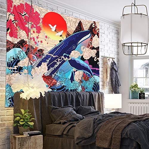 Dremisland Japanese Ukiyo-e Tapestry Sea Wave Koi Wall Tapestry Big Whale Animal Sunset Landscape Tapestry Wall Hanging Decoration for Dorm Bedroom Living Room