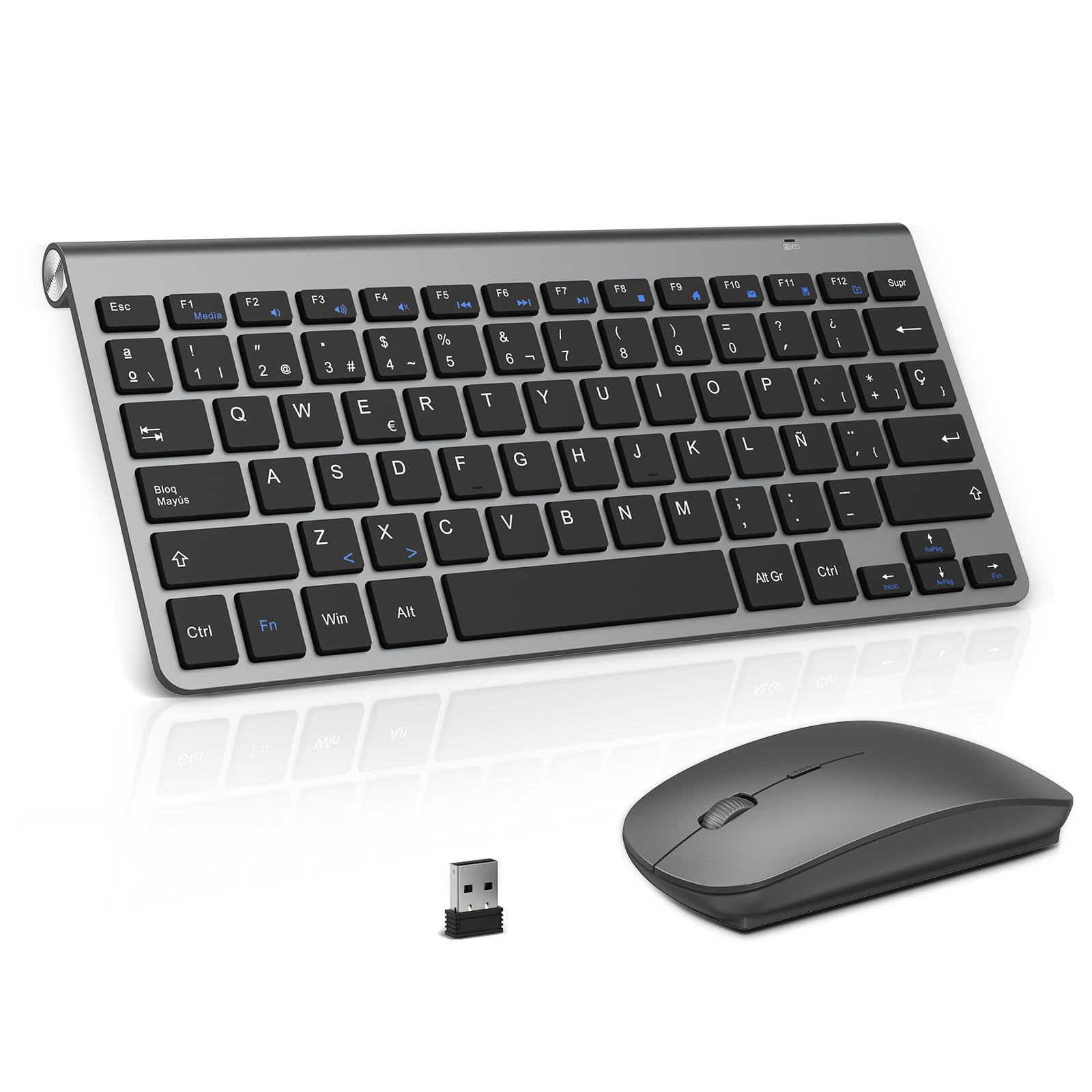 PINKCAT Teclado y ratón inalámbricos, 2.4G Set de Teclado Ultrafino y ratón ergonómico silencioso con 12 accesos directos Multimedia para Ordenador, PC, Tableta, Ordenador de sobremesa (Gris Oscuro)