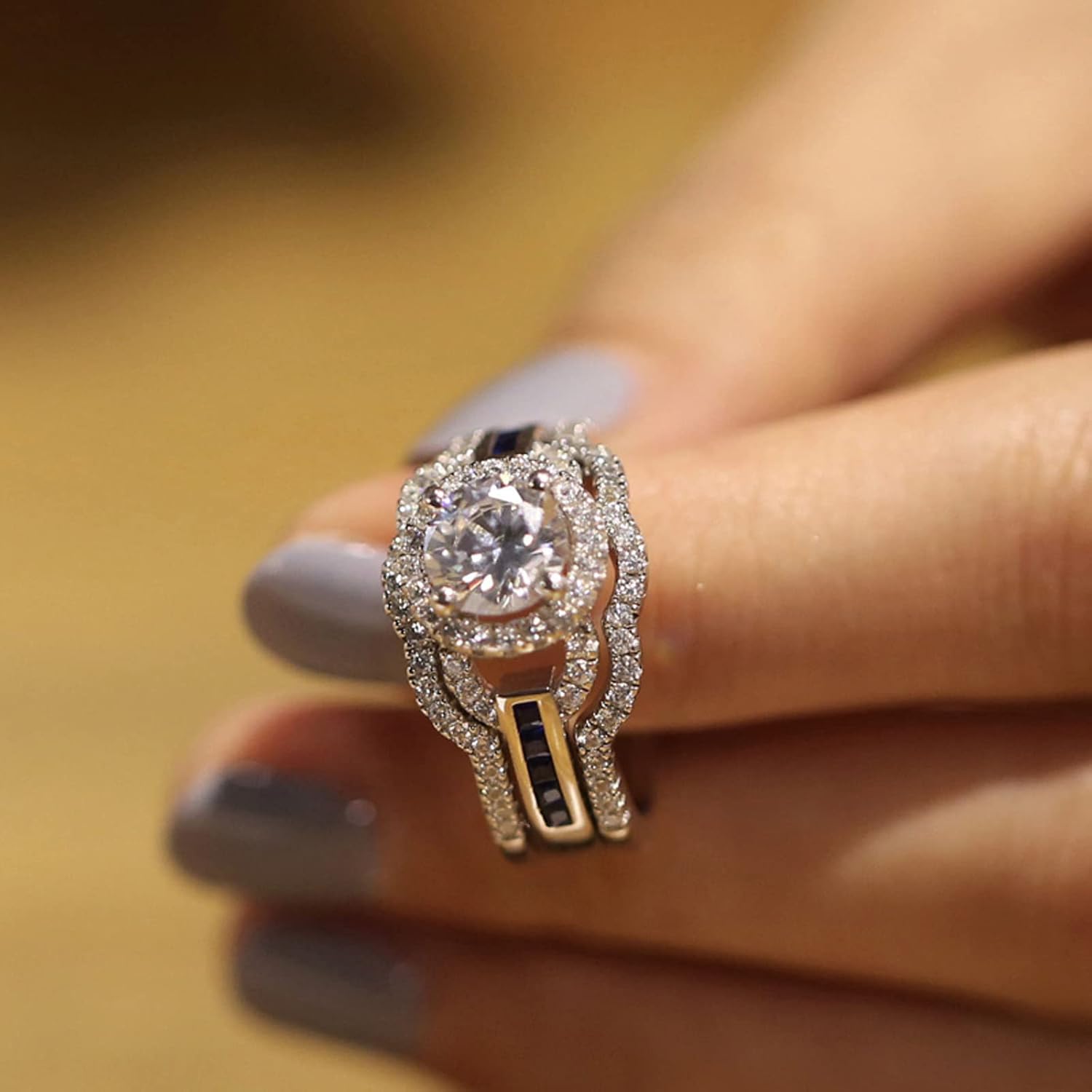 Jeulia 3PC Wedding Ring Set for Women: Sterling Silver Round Cut Halo Engagement Band Diamond White Bridal Set Valentine's Anniversary with Jewelry Gift Box