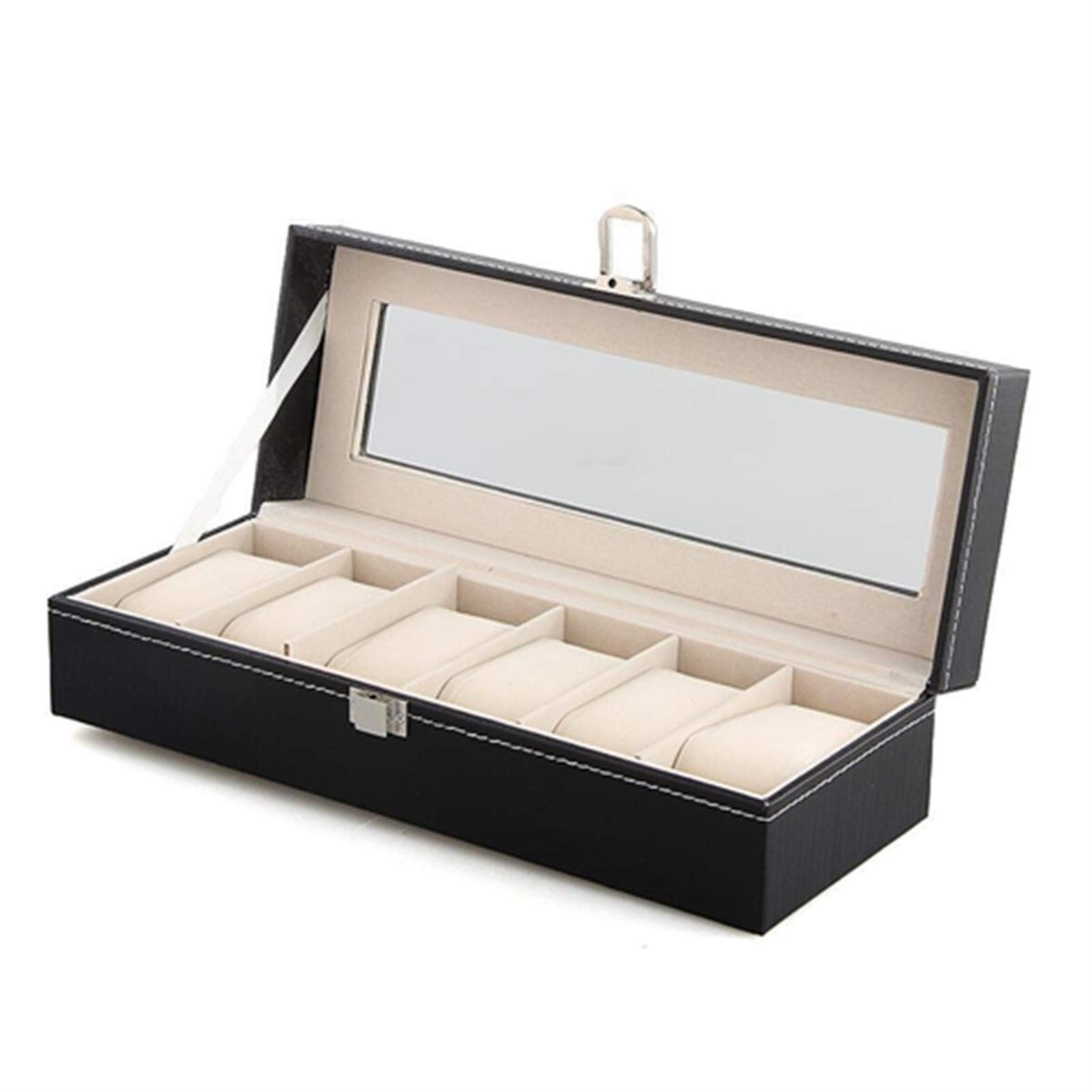Uhrenbox, Schwarze Uhrenaufbewahrungsbox aus PU-Leder, Organizer-Box mit Glasdeckel, Uhrenbox mit 6 Fächern, Vitrine, Schmuckaufbewahrung, Uhren-Organizer zur Aufbewahrung und Präsentation