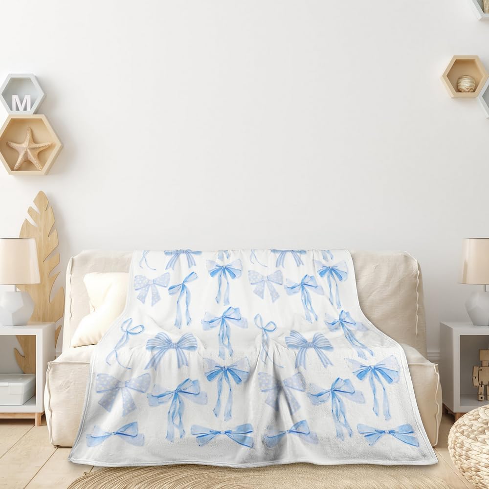 Blue Bows Blankets Preppy Coquette Room Decor Electric Blanket Girls Bedroom Decor Trendy Bow Throw Blanket Coquette Girly Blanket Gifts for Women Teens Soft Flannel Lightweight 50"x60" - Image 5