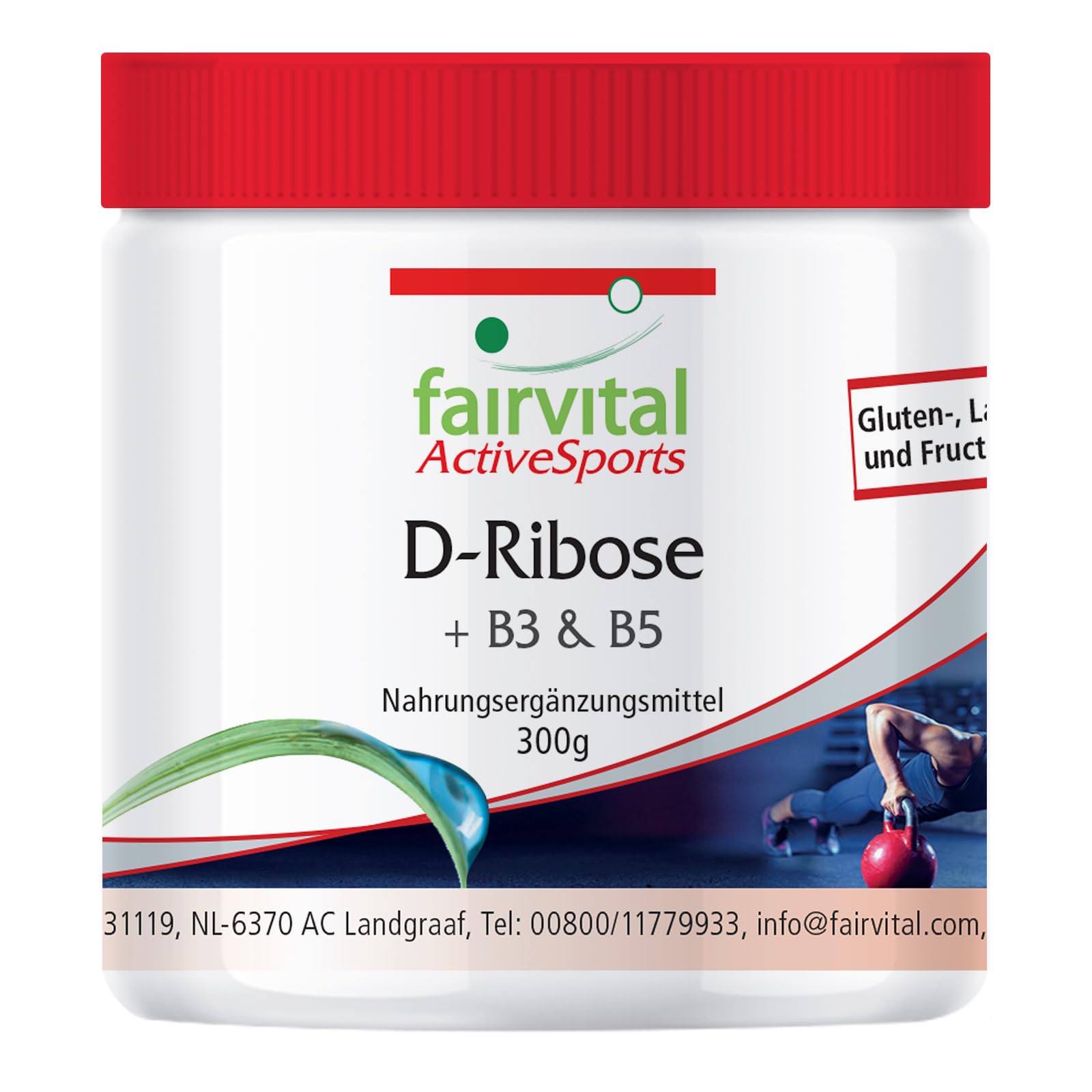 fairvital D-ribose en poudre, avec vitamine B3 (niacine) et B5 (acide pantothénique), Active Sports, VÉGÉTALIEN, 300 g