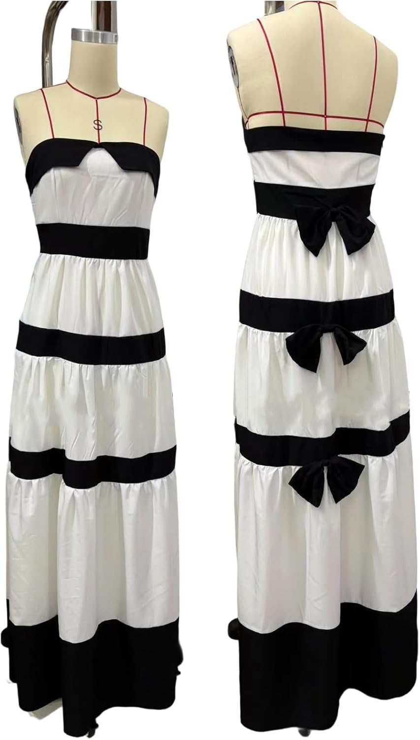 Women's Strapless Tube Stripe Maxi Dress Sleeveless Off Shoulder Bow Tie Color Block Flowy Dresses