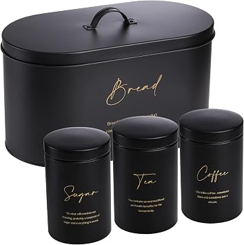 Hacaroa Set of 4 Bread Box and Canister Set for Kitchen Countertop, Metal Bread Bin Sugar Tea Coffee Storage Canister with Lid, Biscuit Tin Set for Loaf, Pastry, Dry Food, Black