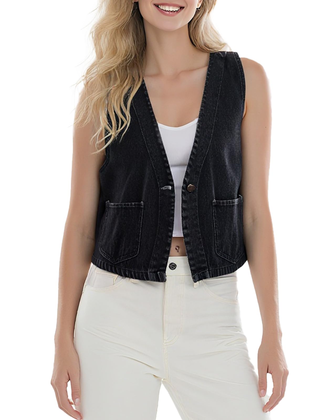 Womens Denim Sleeveless Vest for women Casual V Neck Button Front with Pockets for Summer
