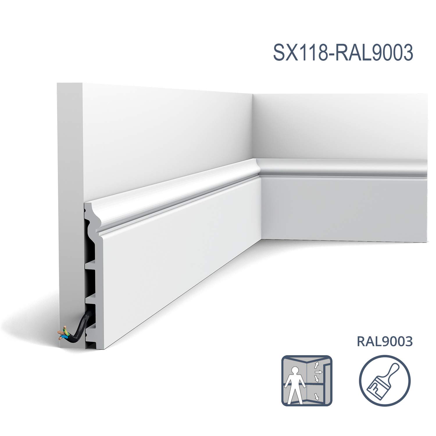 Orac Plinthe SX118-RAL9003 200 cm x 13,8 cm x 1,8 cm Polystyrène extrudé (HDPS) classique arrondi avec passage de câble prépeinte en blanc (RAL 9003)