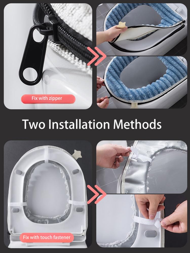2 x dickere, weiche WC-Sitzbezüge, WC-Sitzkissenbezüge für Badezimmer, waschbar und wärmer, mit Reißverschluss und Griff, passend für die meisten Toilettendeckel (grau)