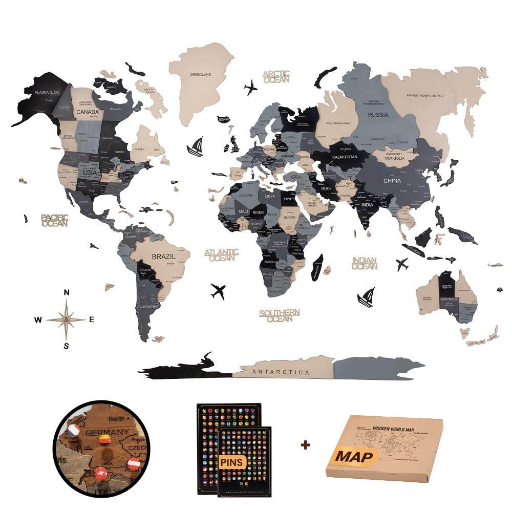 Wooden Art Studio 3D Wooden World Map Black and Beige with Push Pin Set | Home Decor | Wooden Map Art - Prime - Size (XL-200 X 120 cm)